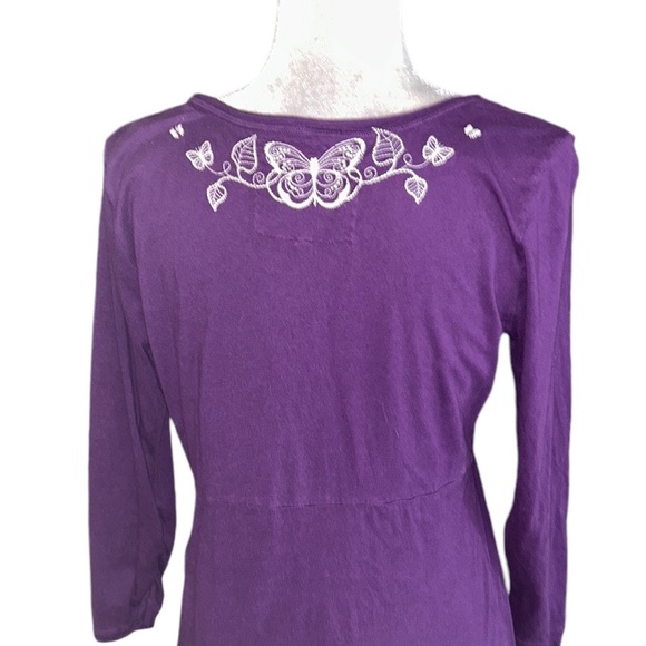 Johnny Was Purple Embroidered Floral Butterfly Long Ruched Sleeve Knit Dress - M - Picture 6 of 10